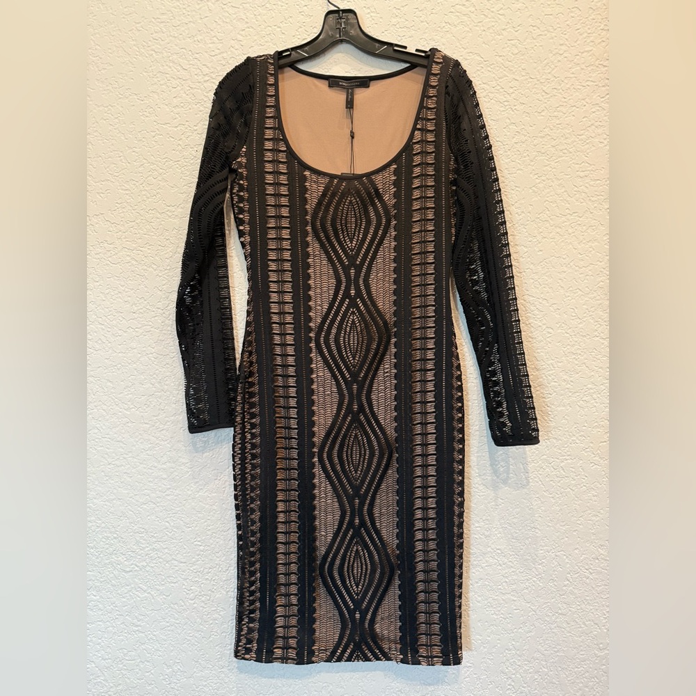 BCBGMaxAzria Black and Tan Bodycon Dress Long Sleeve Scoop Neck